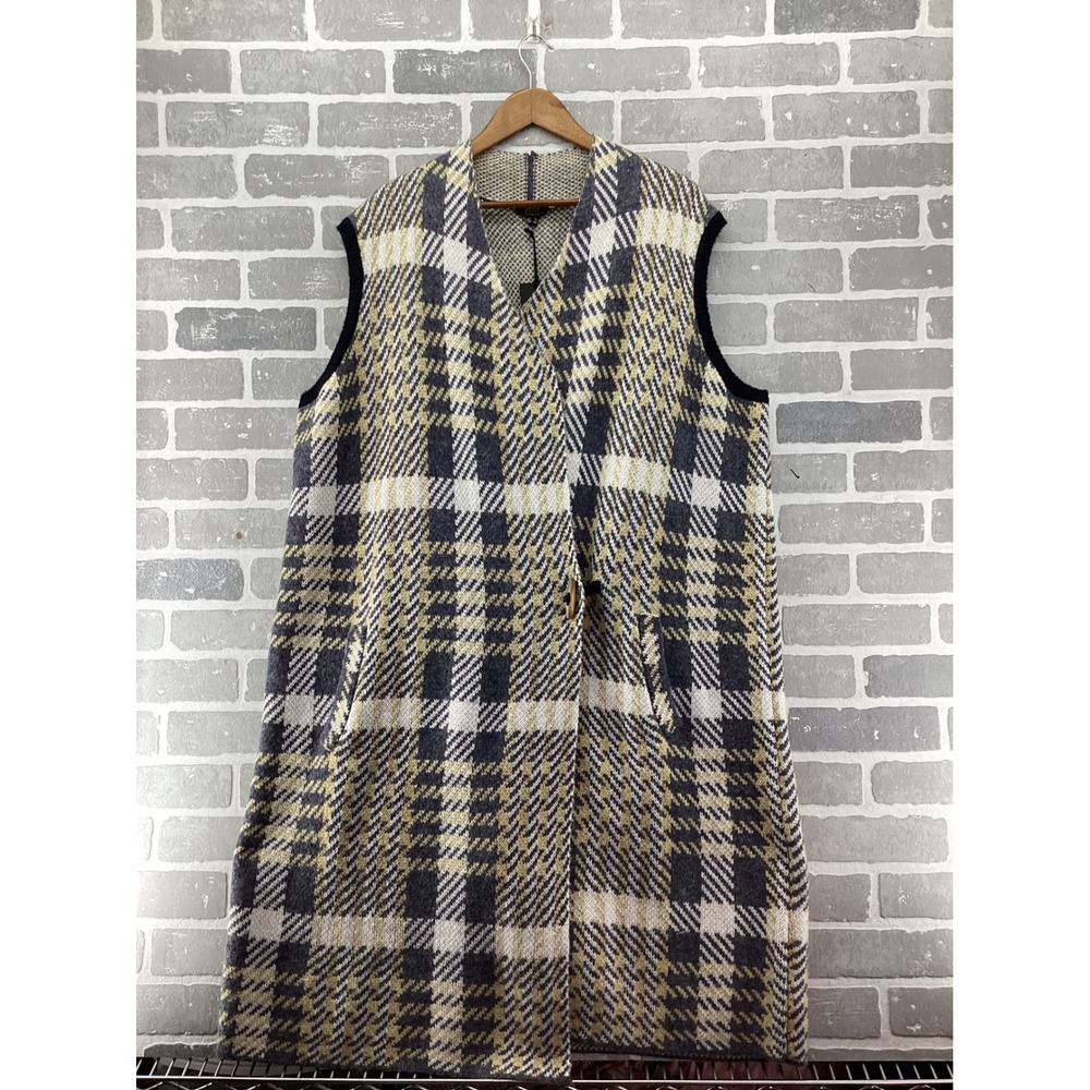 Yesta Womens Plaid Sleeveless Longline Cardigan Vest Grey Blue Multi A002395